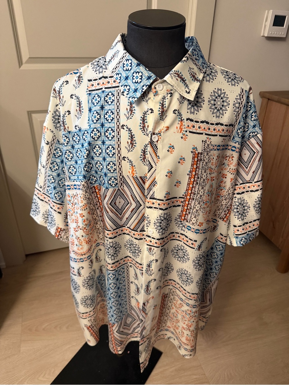 SHEIN Cream Button-Down Shirt with Blue & Orange Patchwork Print